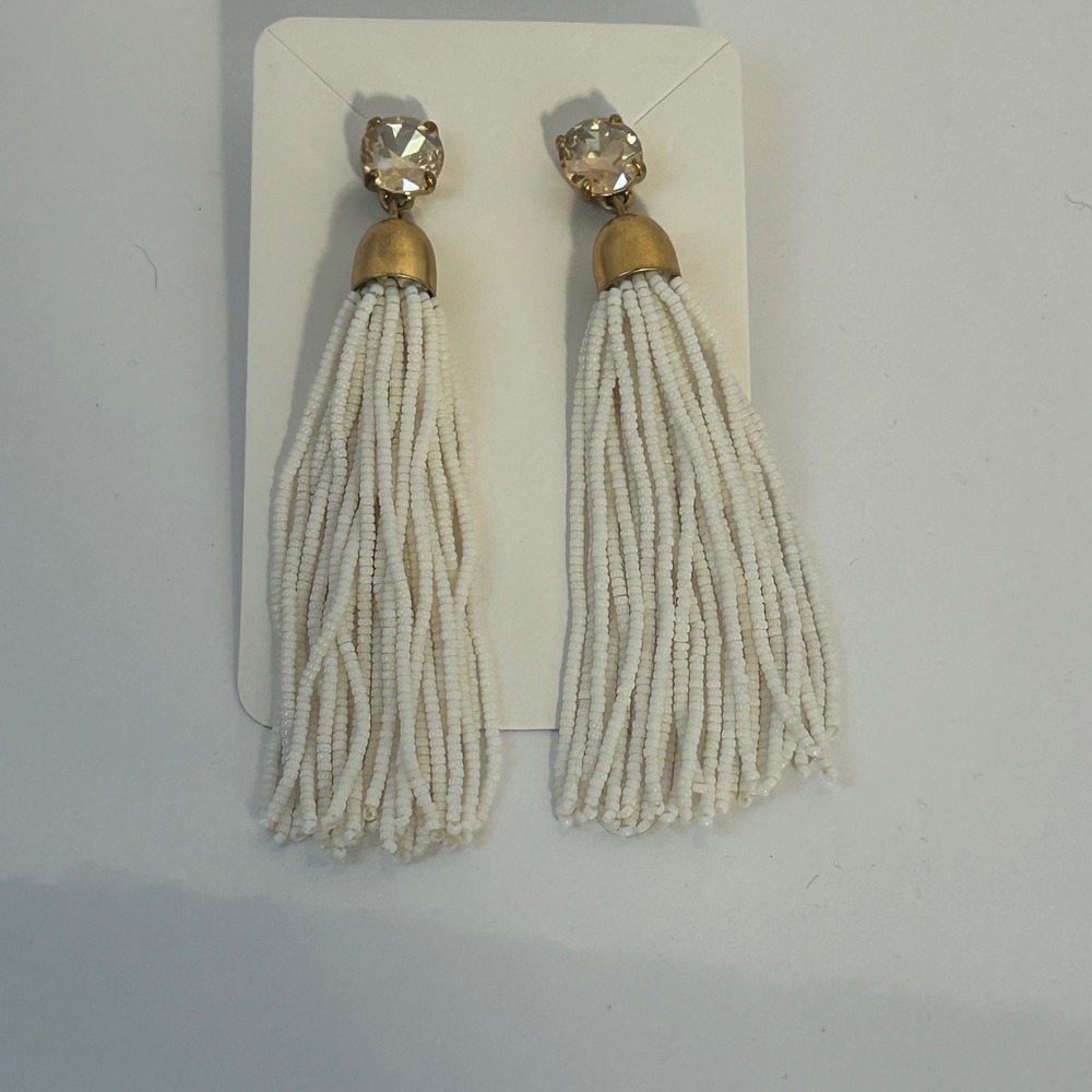 J. Crew Gold Tone Crystal Accent White Beaded Tassel Dangle Earrings Women - Picture 2 of 6